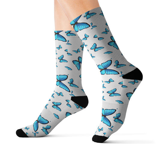Blue Butterfly Morph AOP Design – Stylish and Vibrant Adult Socks by TOOLOUD