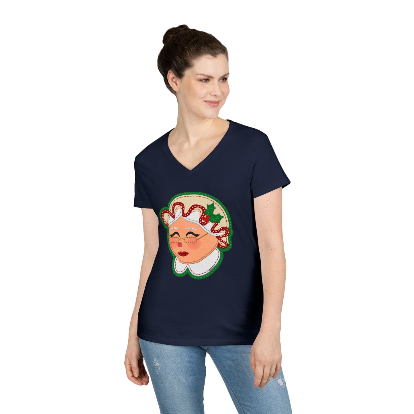 Cute Mrs Claus Face Faux Applique Juniors V-Neck Dark T-Shirt by TOOLOUD™