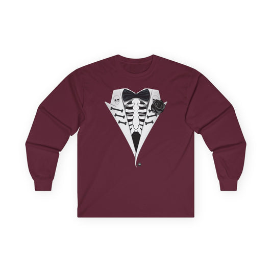 Skeleton Tuxedo Halloween Adult Long Sleeve Dark T-Shirt by TOOLOUD