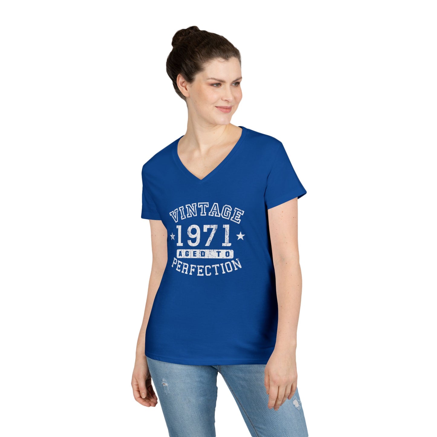 50th Birthday Vintage Birth Year 1971 Ladies Petite V-Neck Dark T-Shirt by TOOLOUD