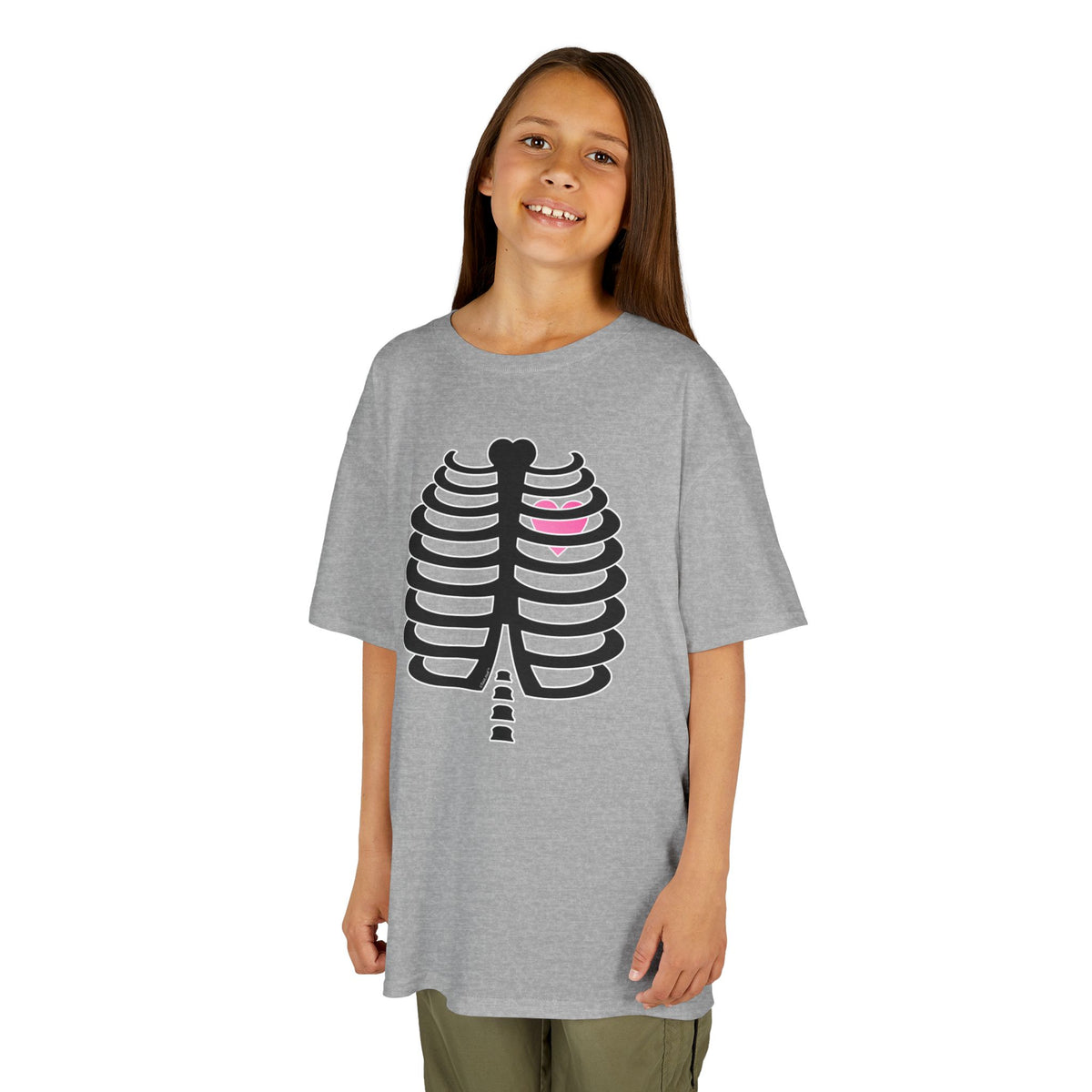 Black Skeleton Ribcage with Pink Heart Halloween Children's T-Shirt by TOOLOUD