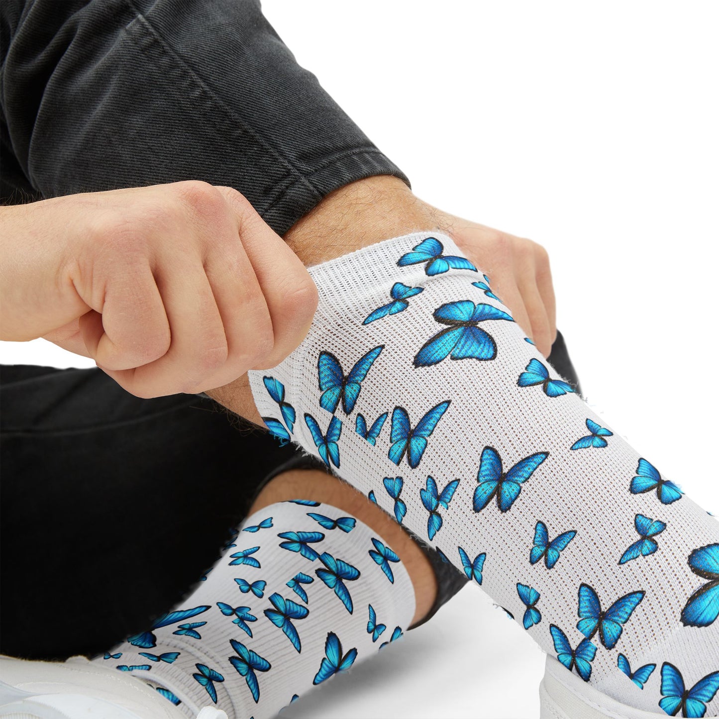Blue Butterfly Morph AOP Design – Stylish and Vibrant Adult Socks by TOOLOUD