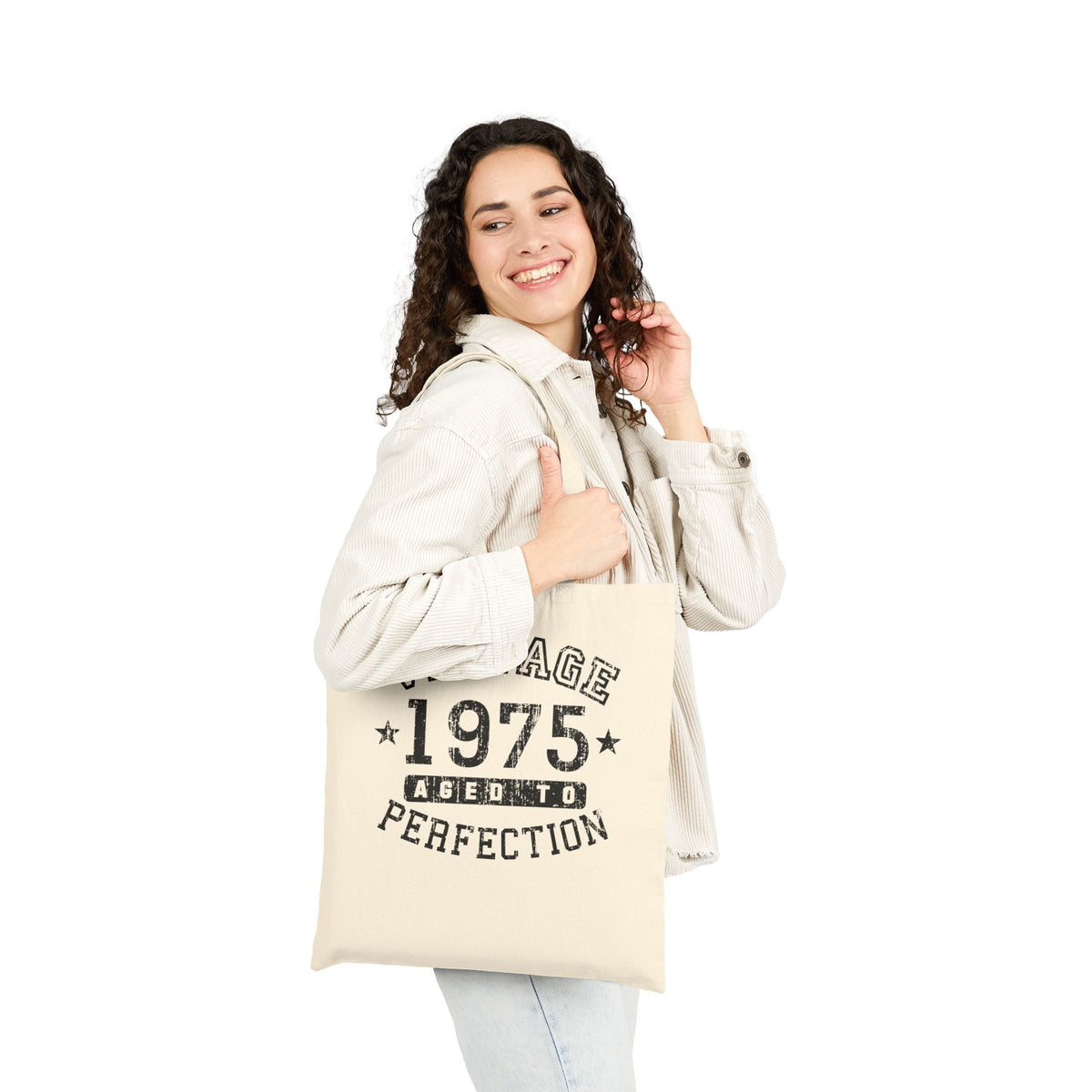 1975 – Vintage Birth Year Grocery Cotton Canvas Tote Bag – Natural by TOOLOUD
