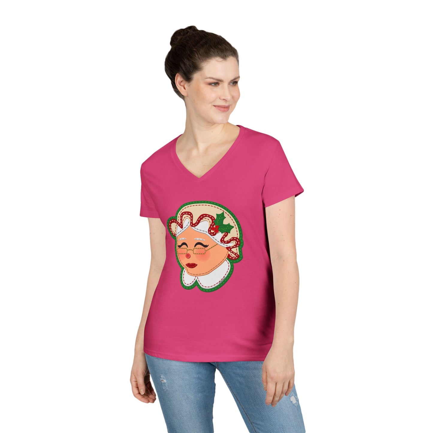 Cute Mrs Claus Face Faux Applique Juniors V-Neck Dark T-Shirt by TOOLOUD™