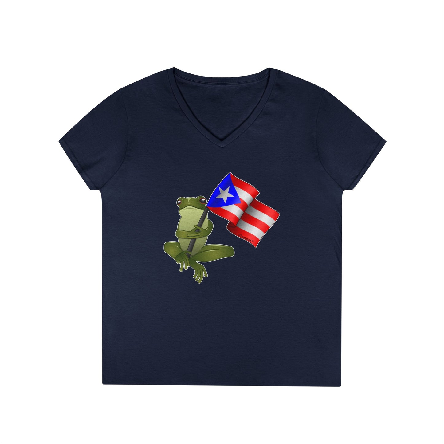 Coquí Holding Flag Women’s Juniors V-Neck T-Shirt by TOOLOUD