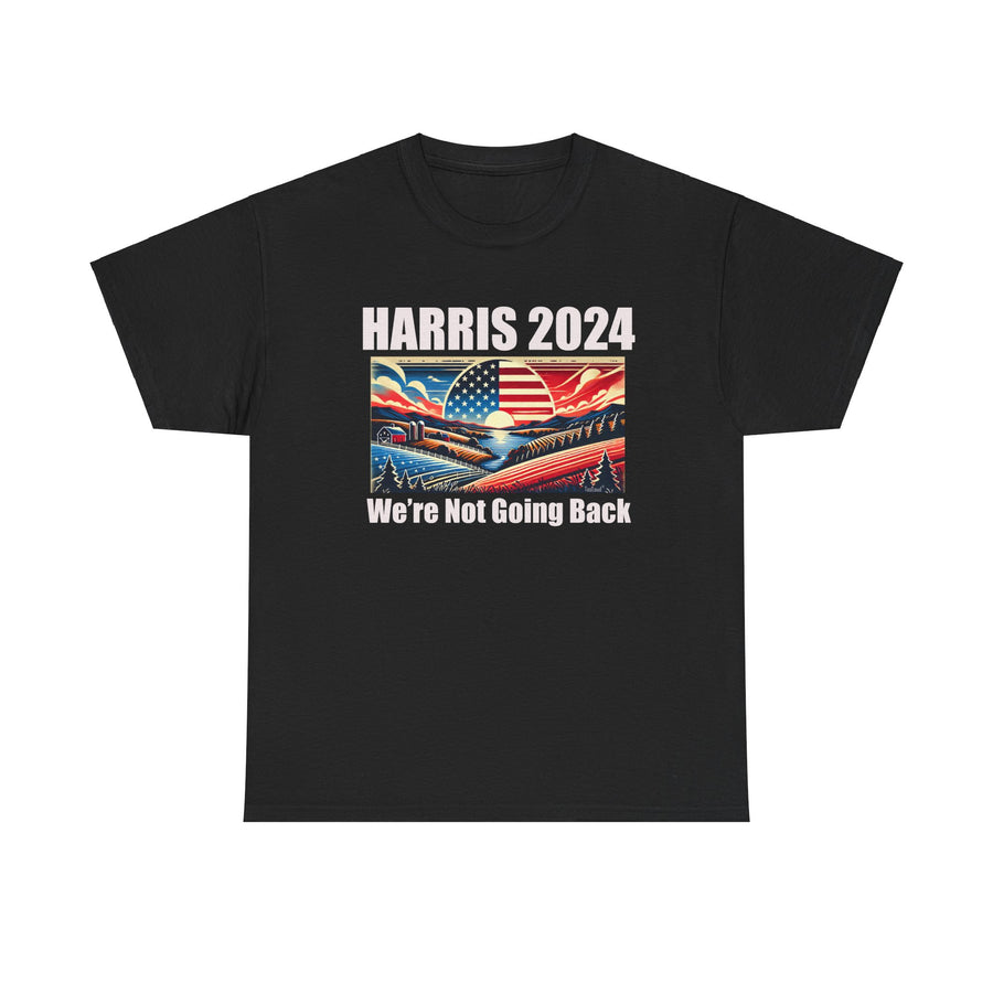 Kamala 2024 We're Not Going Back Patriotic Sunrise T-Shirt Unisex Heavy Cotton Tee