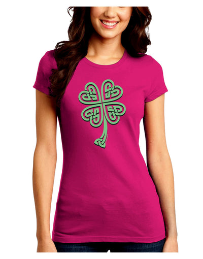 3D Style Celtic Knot 4 Leaf Clover Juniors Crew Dark T-Shirt-T-Shirts Juniors Tops-TooLoud-Hot-Pink-Juniors Fitted Small-Davson Sales