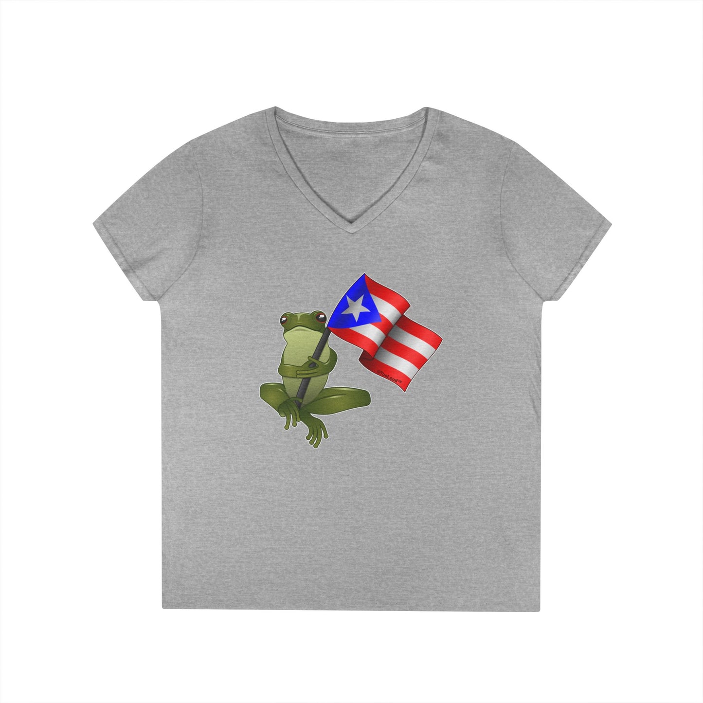 Coquí Holding Flag Women’s Juniors V-Neck T-Shirt by TOOLOUD