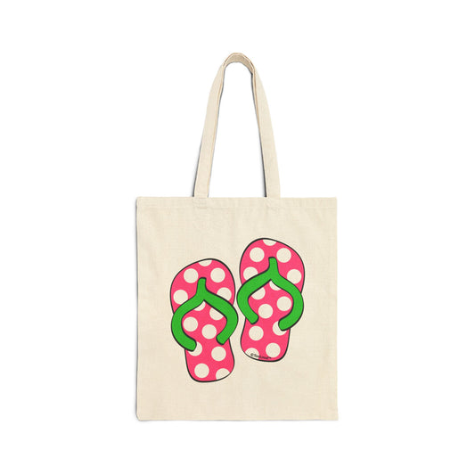 Cute Polka Dot Flip Flops – Pink and Green Grocery Cotton Tote Bag – Natural by TOOLOUD