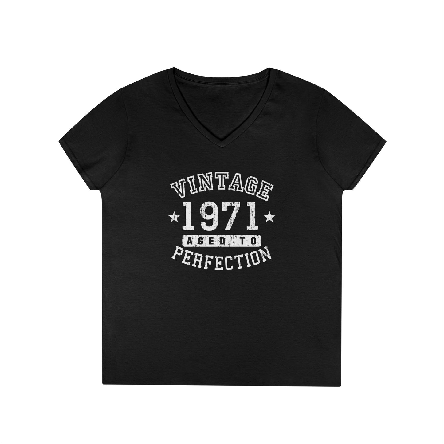 50th Birthday Vintage Birth Year 1971 Ladies Petite V-Neck Dark T-Shirt by TOOLOUD