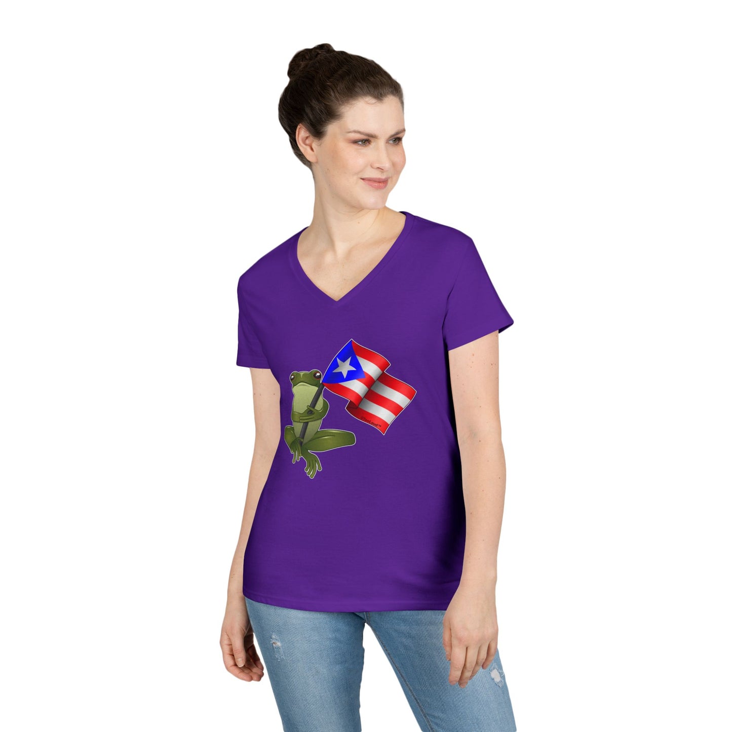 Coquí Holding Flag Women’s Juniors V-Neck T-Shirt by TOOLOUD