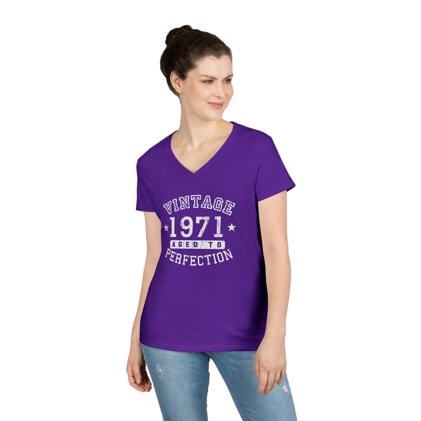 50th Birthday Vintage Birth Year 1971 Ladies Petite V-Neck Dark T-Shirt by TOOLOUD