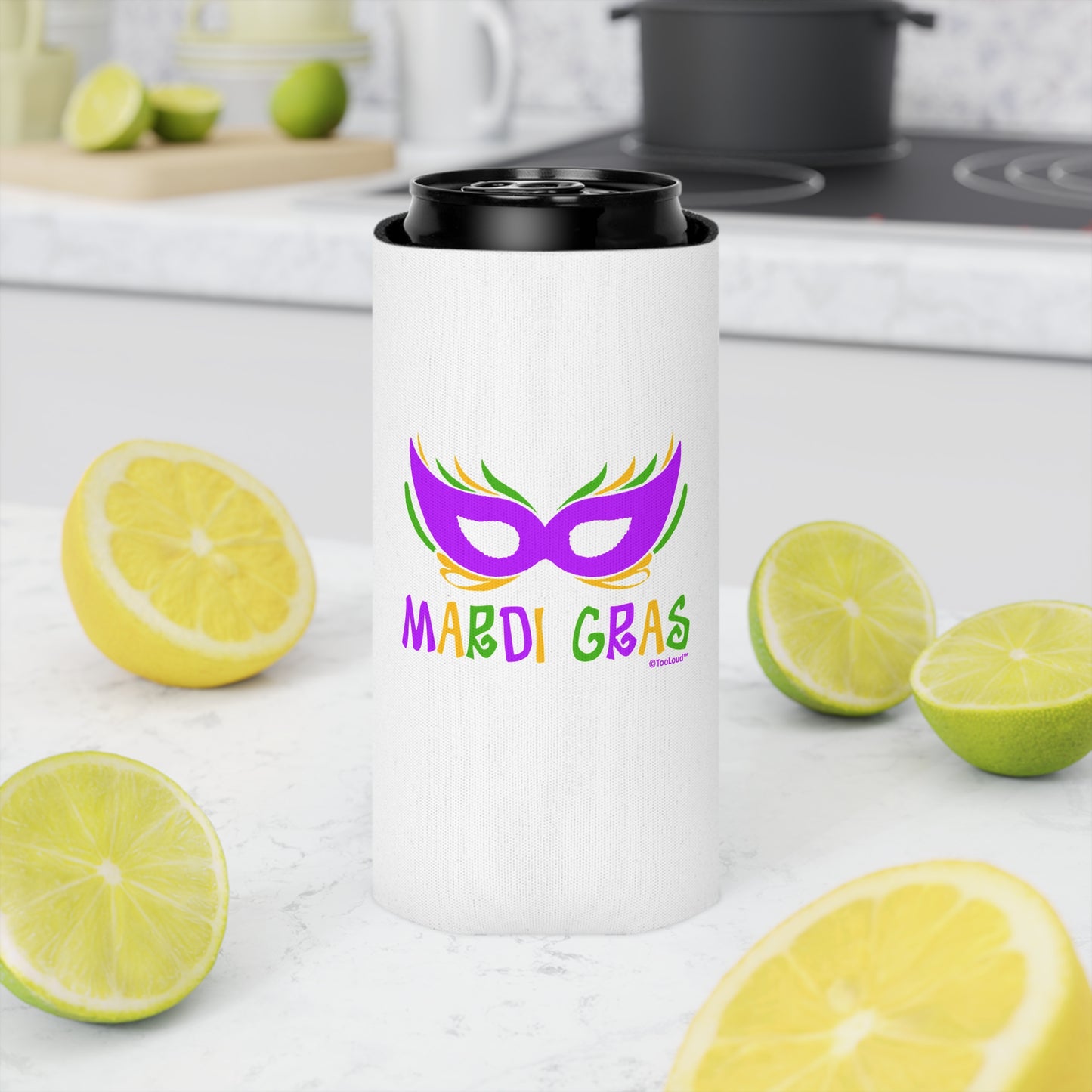 Mardi Gras – Purple Gold Green Mask Can/Bottle Insulator Cooler (2 Sizes) by TOOLOUD