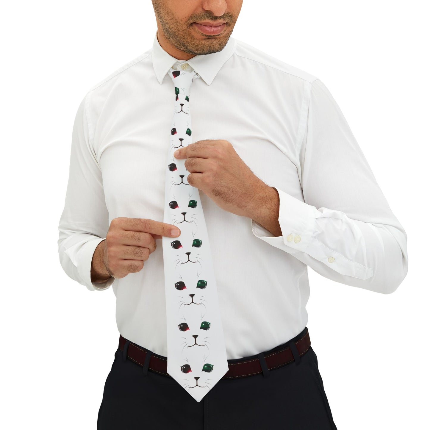 Adorable Space Cat Printed AOP White Necktie by TOOLOUD