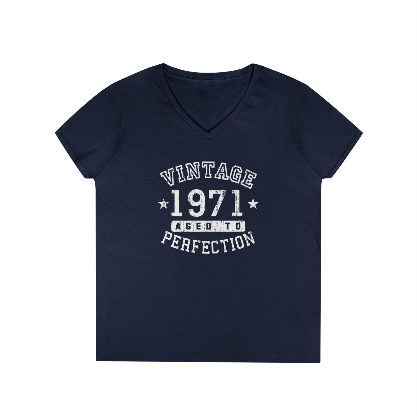 50th Birthday Vintage Birth Year 1971 Ladies Petite V-Neck Dark T-Shirt by TOOLOUD