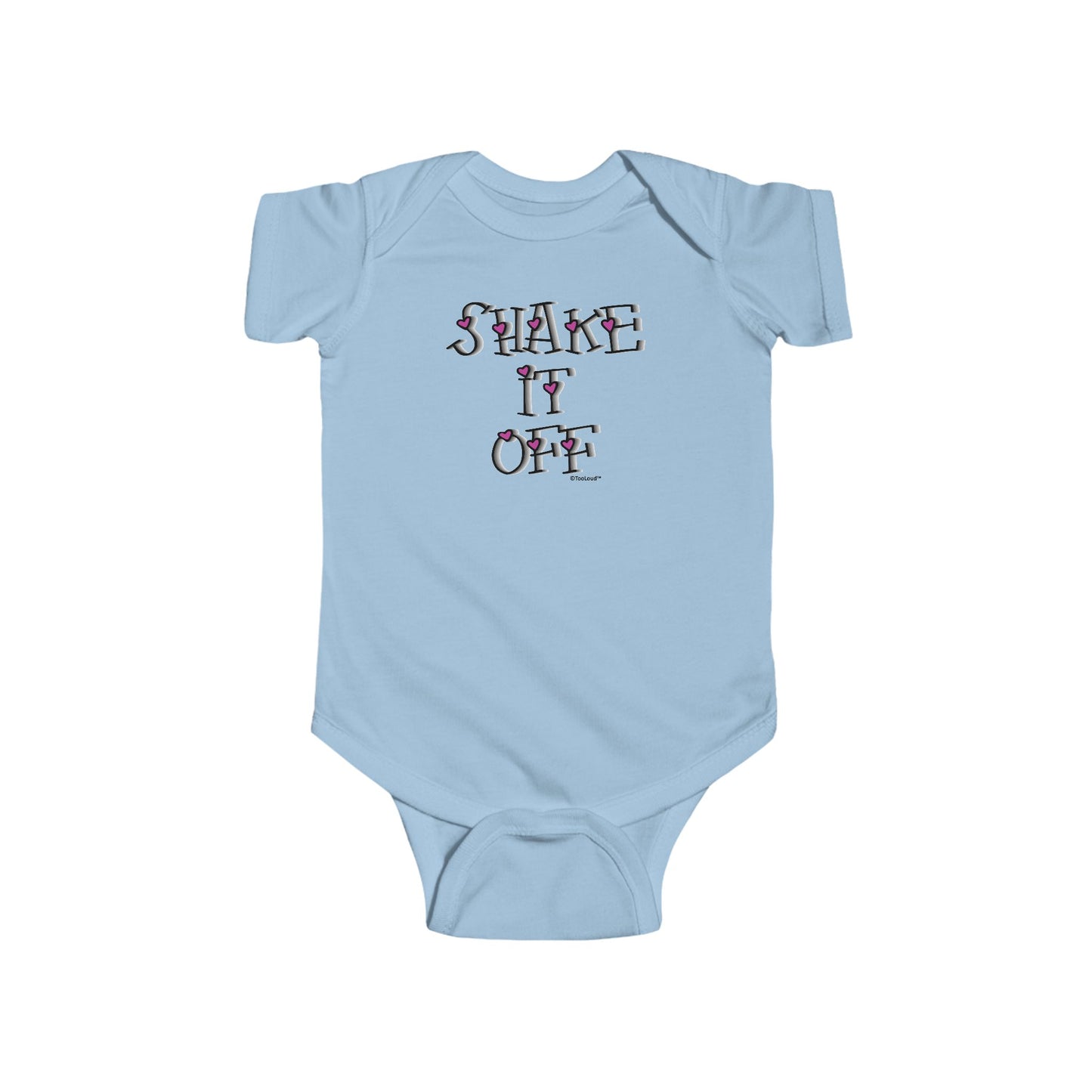 Shake It Off Text Cute with Hearts Baby Romper Bodysuit by TOOLOUD