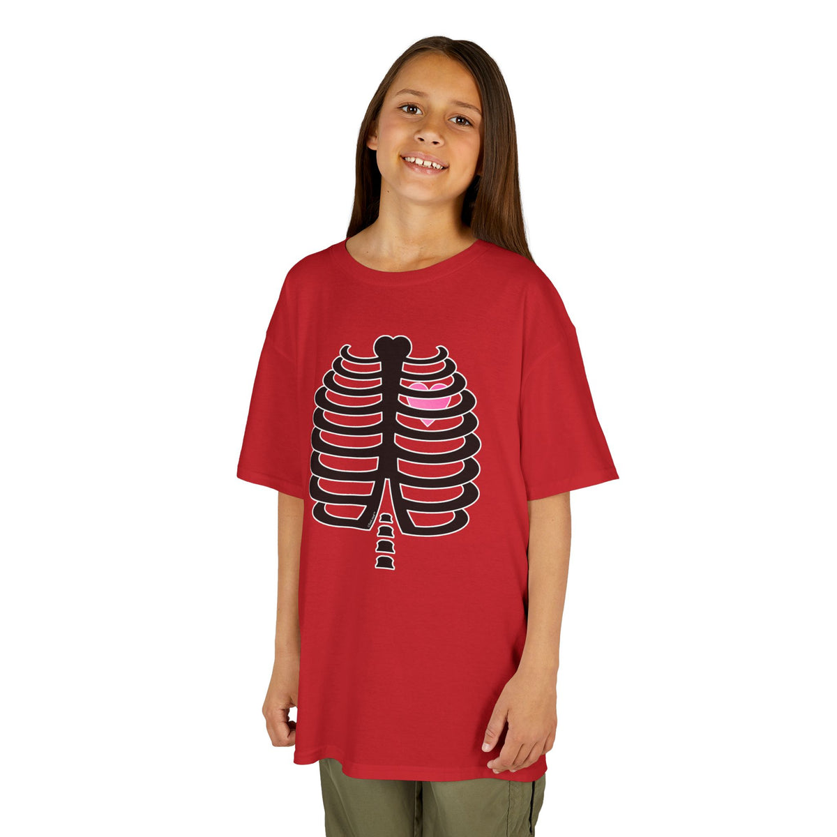 Black Skeleton Ribcage with Pink Heart Halloween Children's T-Shirt by TOOLOUD