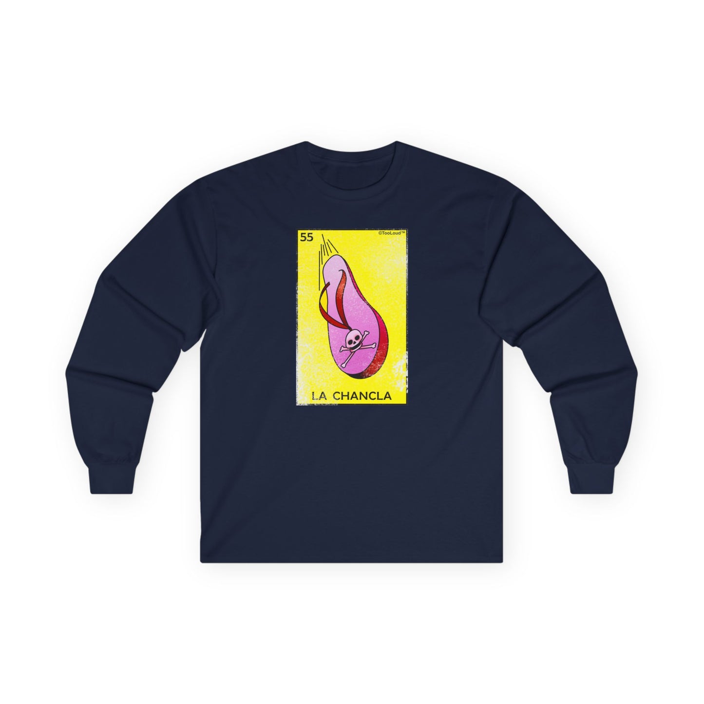 La Chancla Lotería Distressed Adult Long Sleeve Dark T-Shirt by TOOLOUD