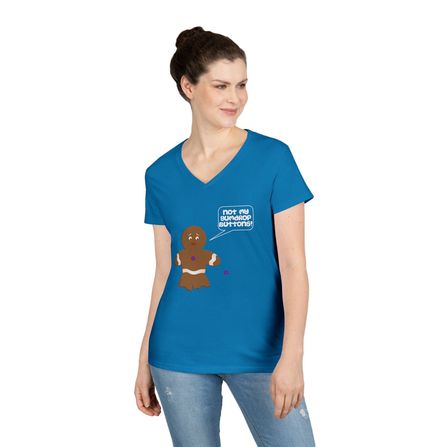 Not My Gumdrop Buttons Gingerbread Man Christmas Juniors V-Neck Dark T-Shirt by TOOLOUD™