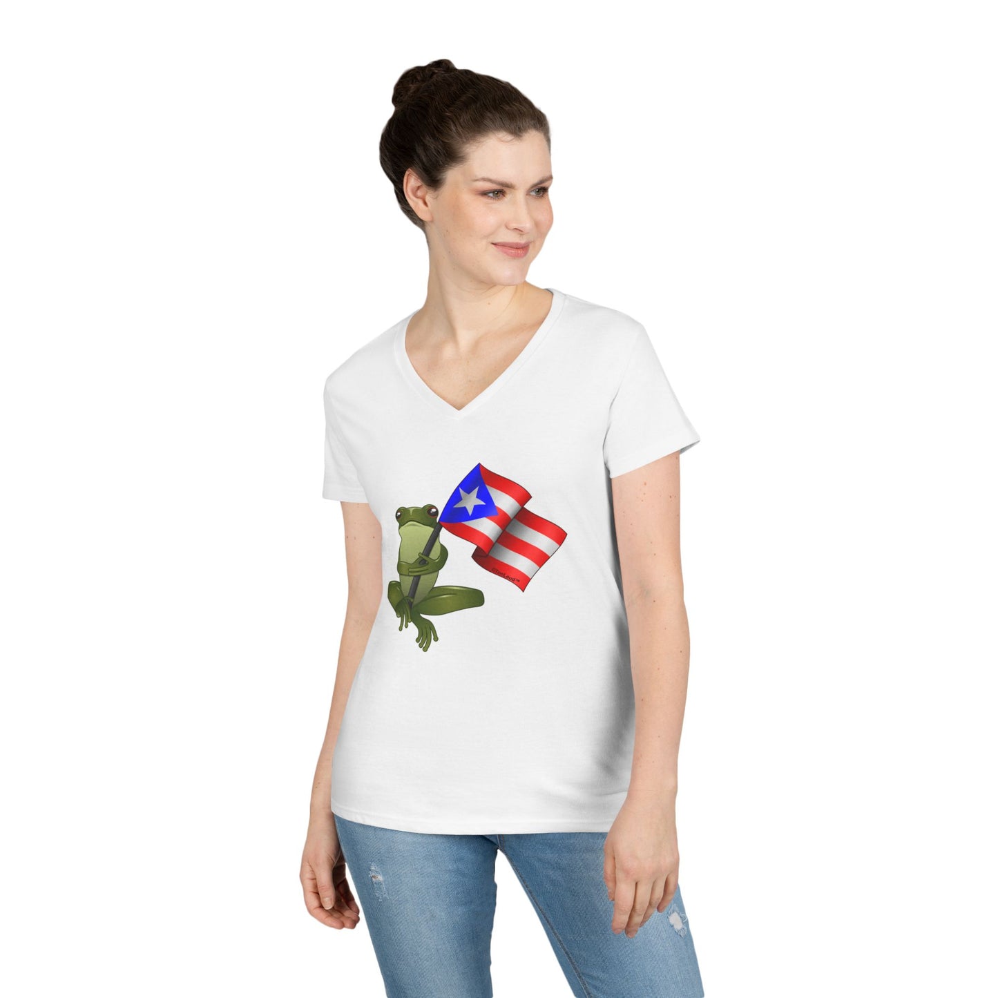 Coquí Holding Flag Women’s Juniors V-Neck T-Shirt by TOOLOUD