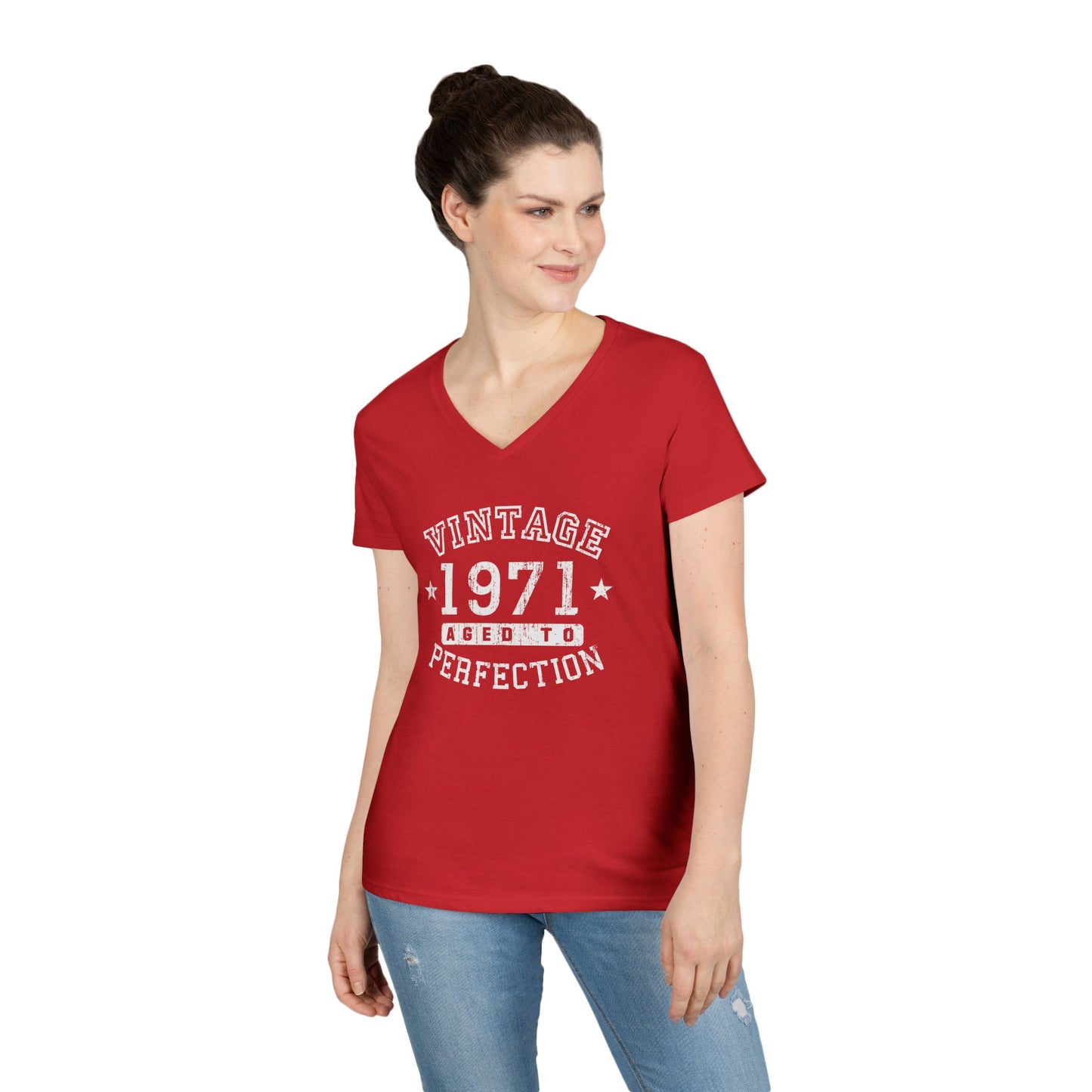 50th Birthday Vintage Birth Year 1971 Ladies Petite V-Neck Dark T-Shirt by TOOLOUD