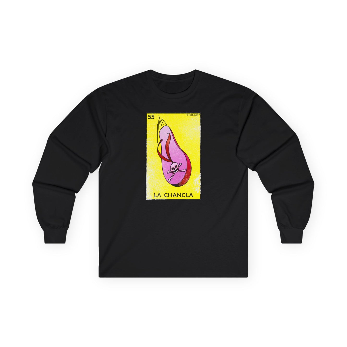 La Chancla Lotería Distressed Adult Long Sleeve Dark T-Shirt by TOOLOUD
