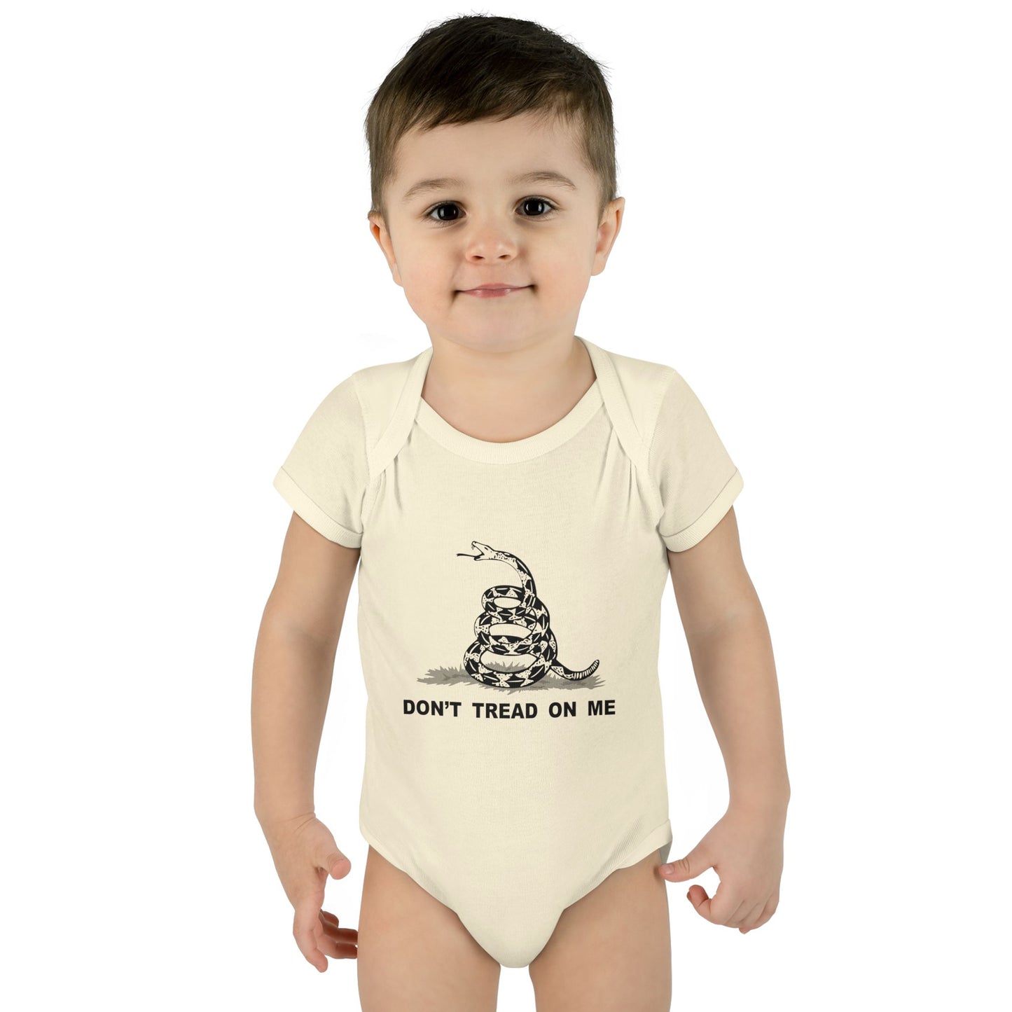 Subdued Don't Tread On Me Gadsden Flag Rattlesnake Infant One Piece Bodysuit by TOOLOUD
