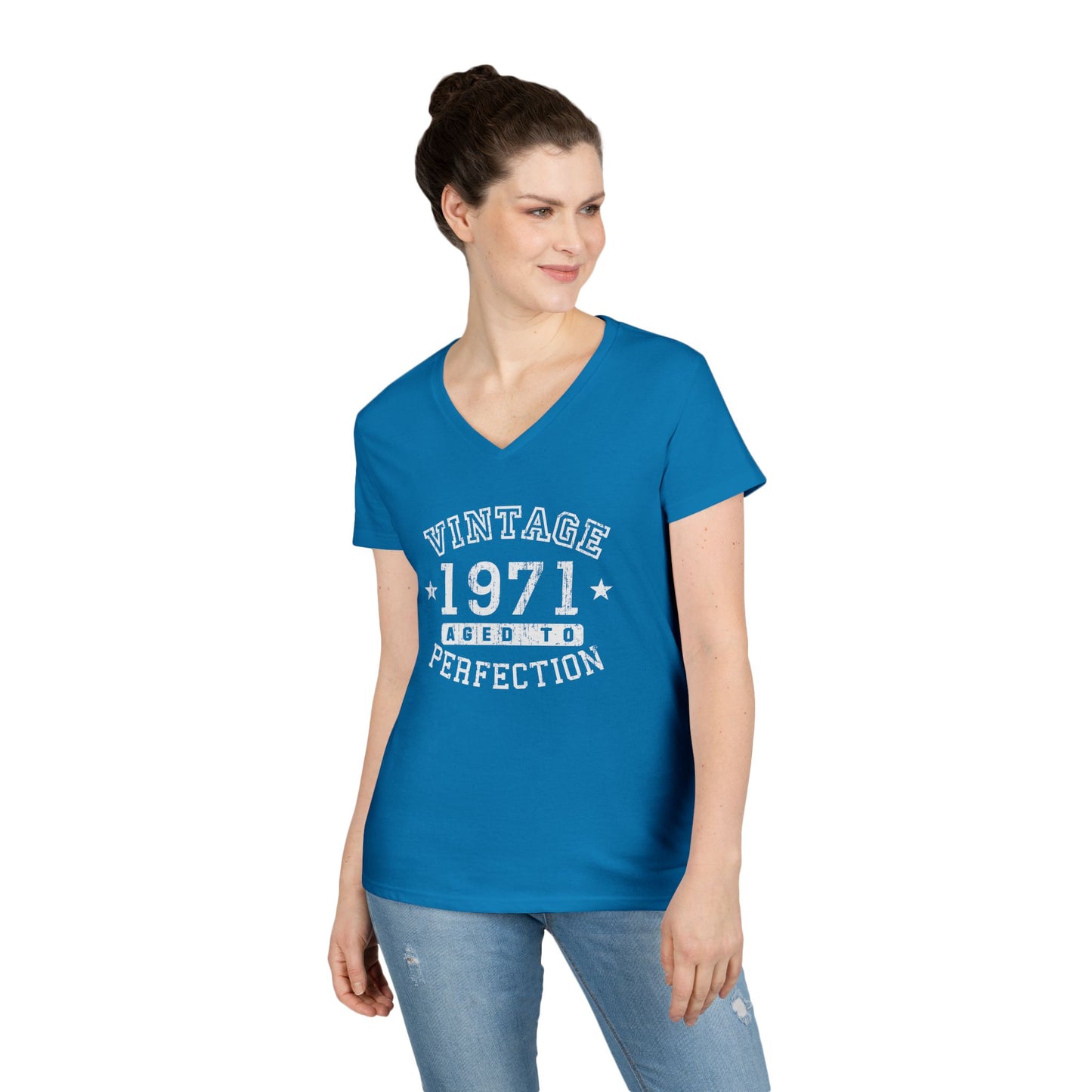 50th Birthday Vintage Birth Year 1971 Ladies Petite V-Neck Dark T-Shirt by TOOLOUD
