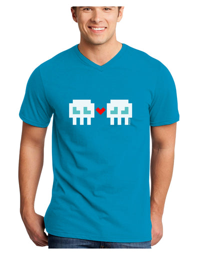 8-Bit Skull Love - Boy and Boy Adult Dark V-Neck T-Shirt-TooLoud-Turquoise-Small-Davson Sales