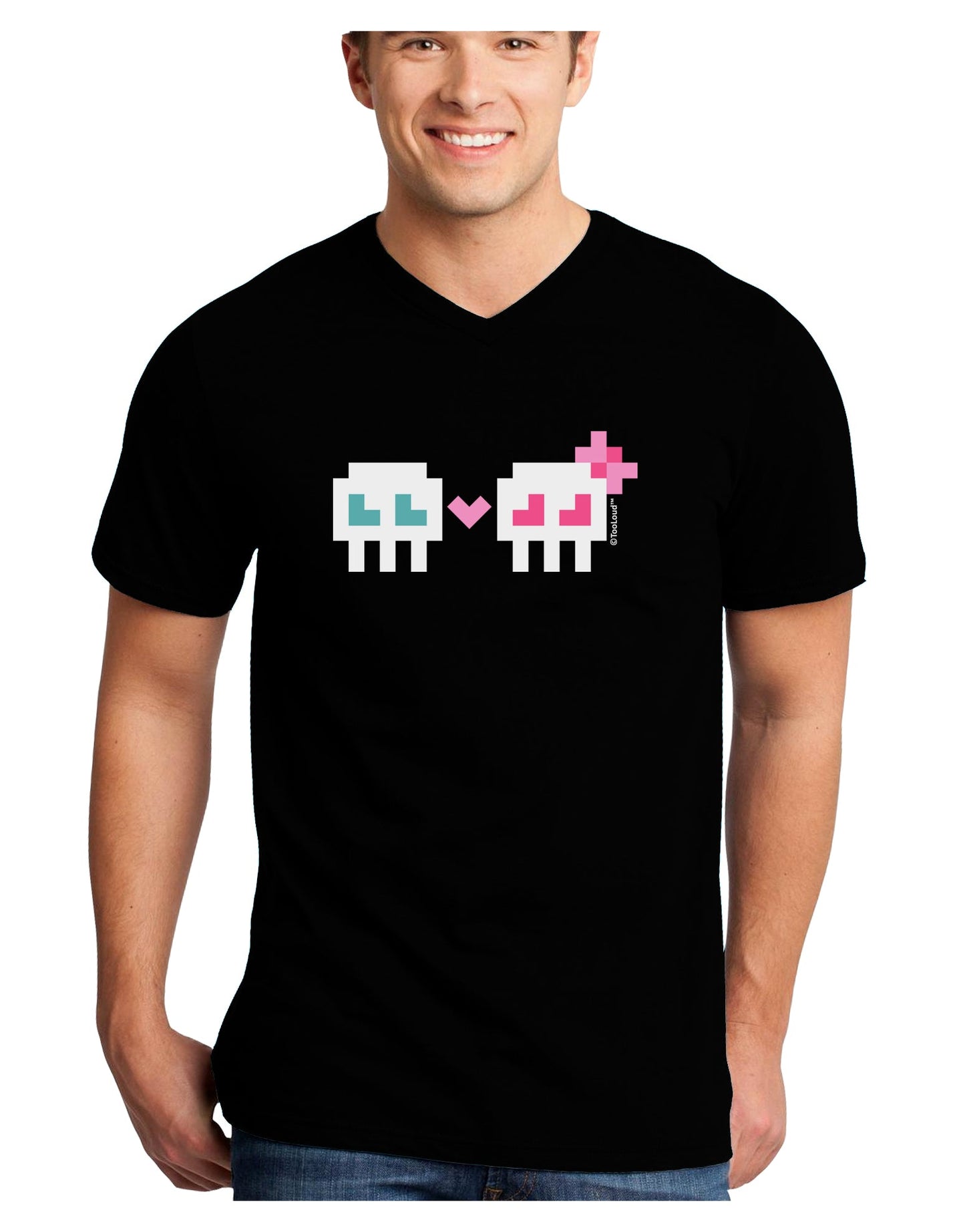 8-Bit Skull Love - Boy and Girl Adult Dark V-Neck T-Shirt-TooLoud-Black-Small-Davson Sales
