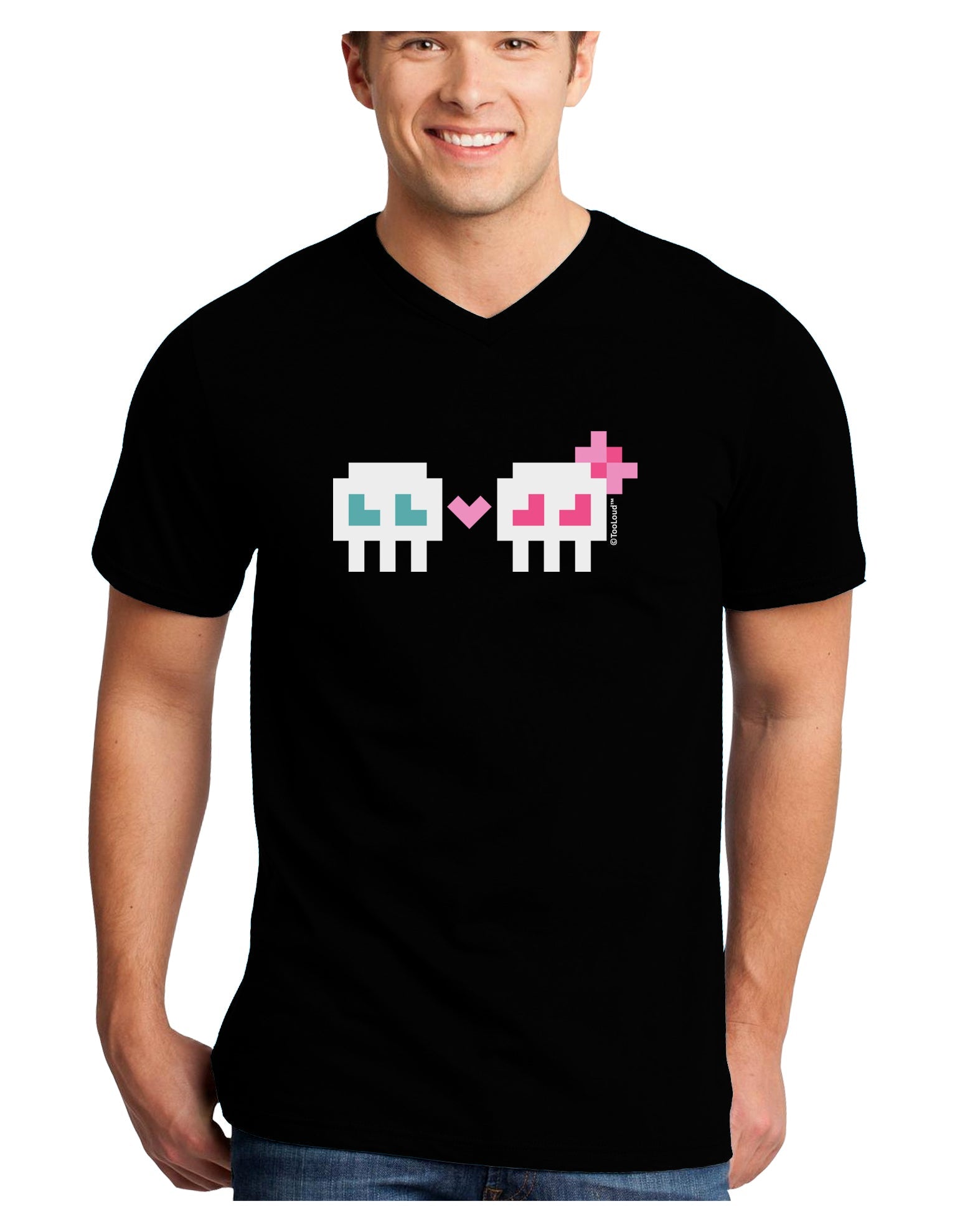 8-Bit Skull Love - Boy and Girl Adult Dark V-Neck T-Shirt-TooLoud-Black-Small-Davson Sales