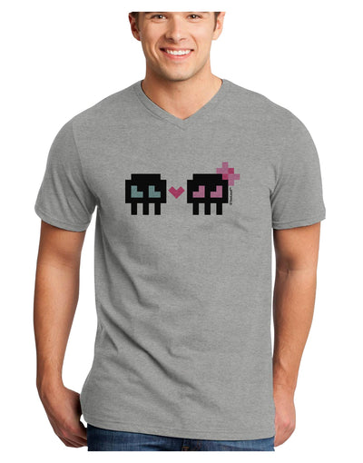 8-Bit Skull Love - Boy and Girl Adult V-Neck T-shirt-Mens V-Neck T-Shirt-TooLoud-HeatherGray-Small-Davson Sales