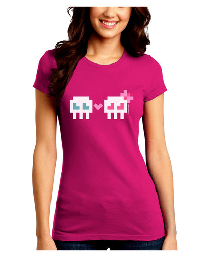 8-Bit Skull Love - Boy and Girl Juniors Crew Dark T-Shirt-T-Shirts Juniors Tops-TooLoud-Hot-Pink-Juniors Fitted Small-Davson Sales