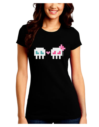 8-Bit Skull Love - Boy and Girl Juniors Crew Dark T-Shirt-T-Shirts Juniors Tops-TooLoud-Black-Juniors Fitted Small-Davson Sales