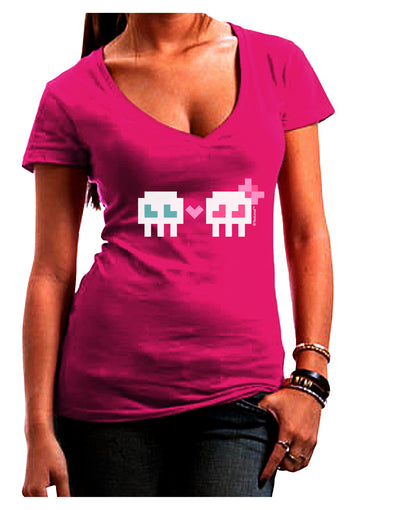 8-Bit Skull Love - Boy and Girl Juniors V-Neck Dark T-Shirt-Womens V-Neck T-Shirts-TooLoud-Hot-Pink-Juniors Fitted Small-Davson Sales