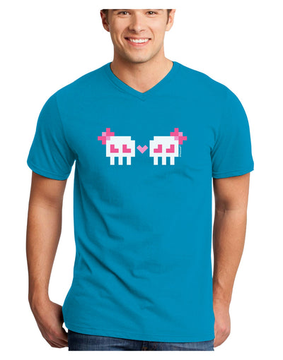 8-Bit Skull Love - Girl and Girl Adult Dark V-Neck T-Shirt-TooLoud-Turquoise-Small-Davson Sales