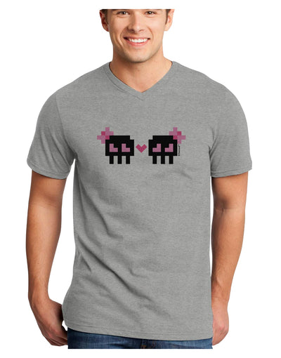 8-Bit Skull Love - Girl and Girl Adult V-Neck T-shirt-Mens V-Neck T-Shirt-TooLoud-HeatherGray-Small-Davson Sales