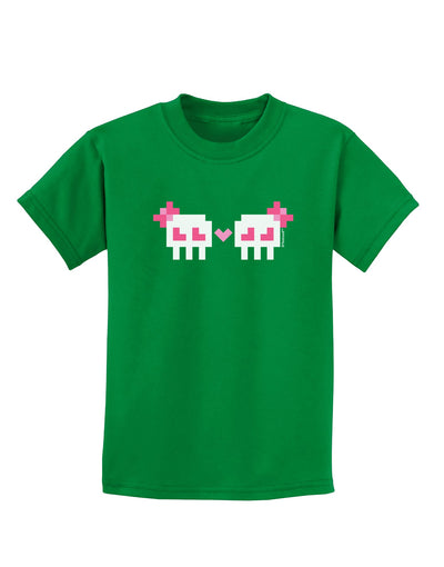 8-Bit Skull Love - Girl and Girl Childrens Dark T-Shirt-Childrens T-Shirt-TooLoud-Kelly-Green-X-Small-Davson Sales