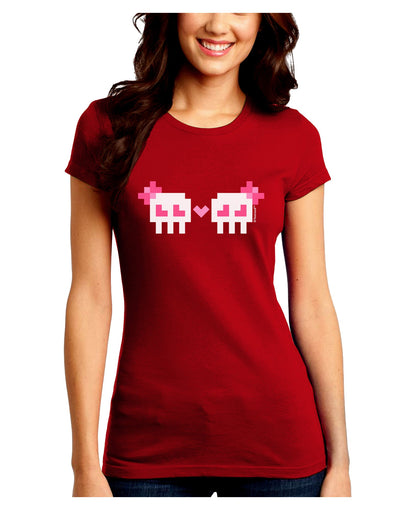 8-Bit Skull Love - Girl and Girl Juniors Crew Dark T-Shirt-T-Shirts Juniors Tops-TooLoud-Red-Juniors Fitted Small-Davson Sales