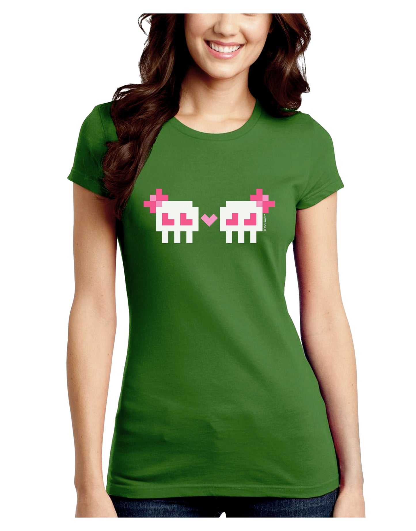 8-Bit Skull Love - Girl and Girl Juniors Crew Dark T-Shirt-T-Shirts Juniors Tops-TooLoud-Kiwi-Green-Juniors Fitted Small-Davson Sales