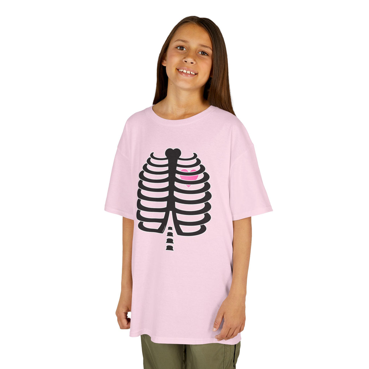 Black Skeleton Ribcage with Pink Heart Halloween Children's T-Shirt by TOOLOUD