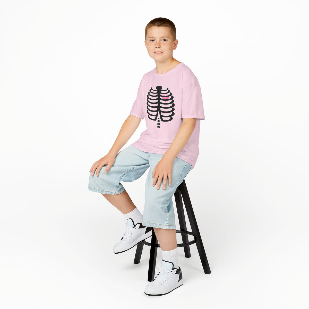 Black Skeleton Ribcage with Pink Heart Halloween Children's T-Shirt by TOOLOUD