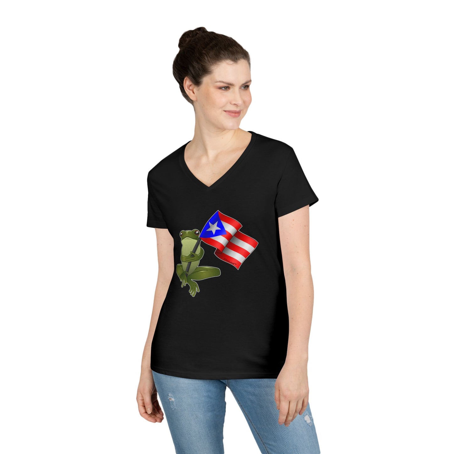 Coquí Holding Flag Women’s Juniors V-Neck T-Shirt by TOOLOUD