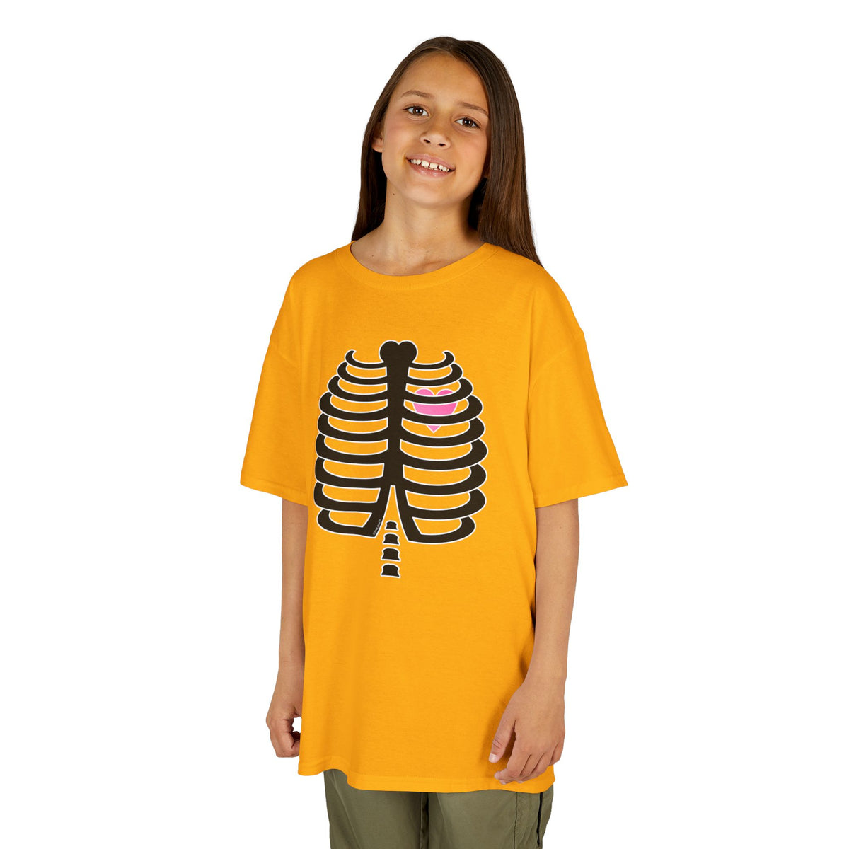 Black Skeleton Ribcage with Pink Heart Halloween Children's T-Shirt by TOOLOUD