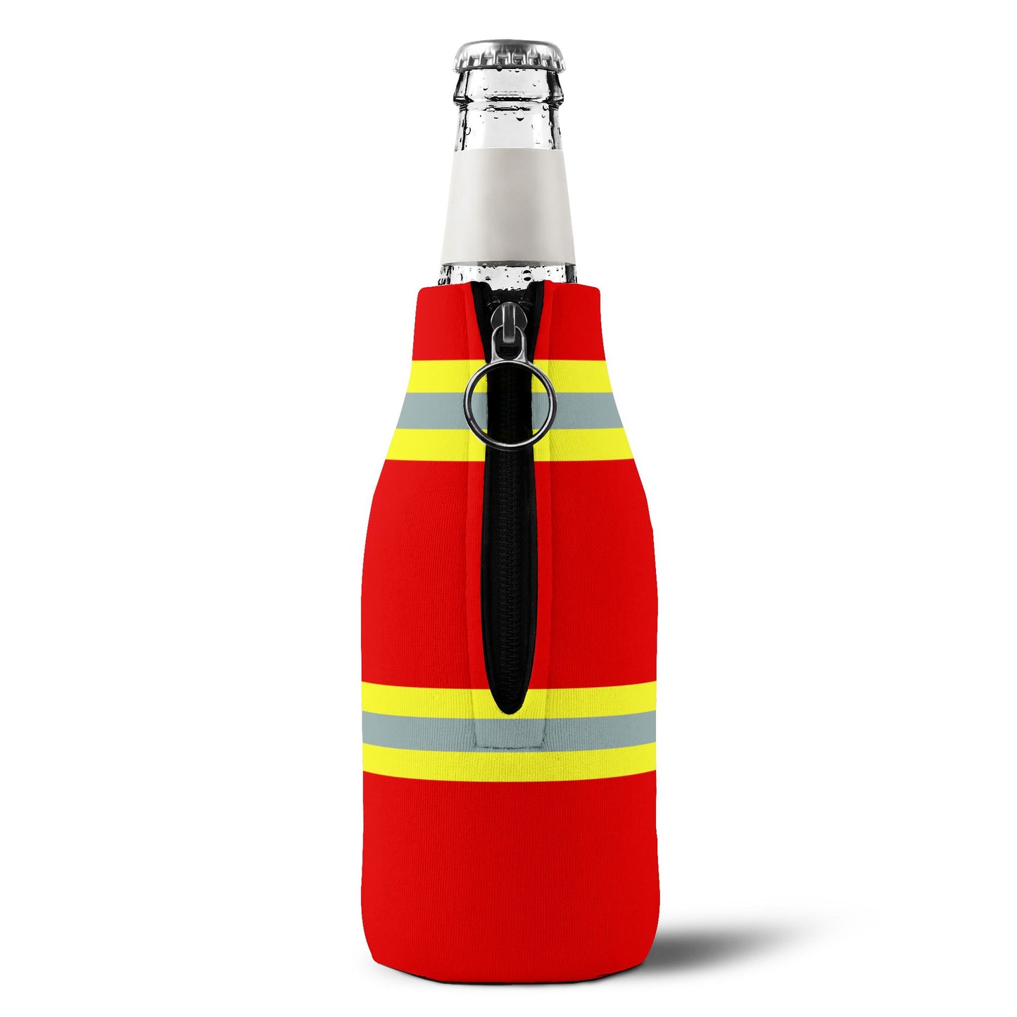 Firefighter Red AOP Collapsible Neoprene Zip-Up Bottle Cooler Sleeve Insulator by TOOLOUD