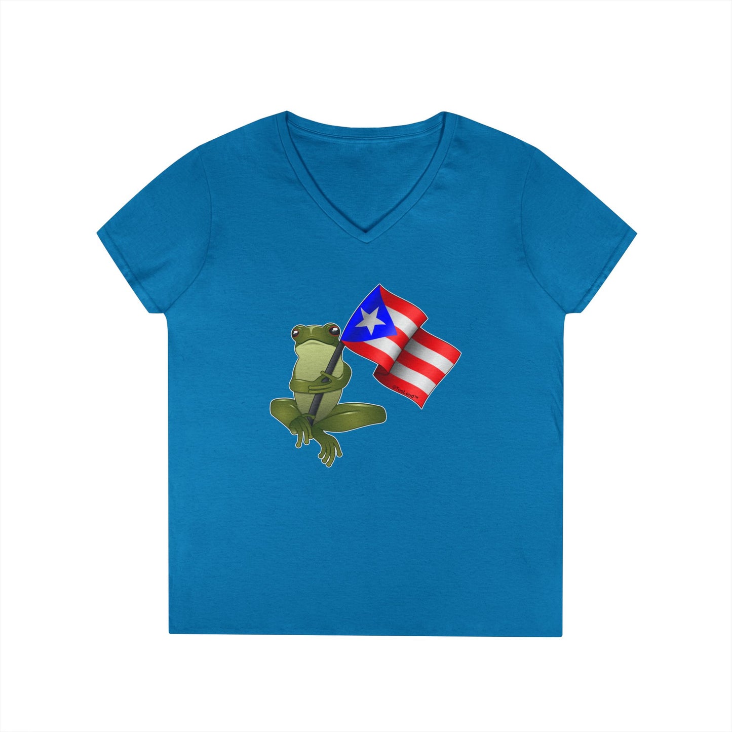 Coquí Holding Flag Women’s Juniors V-Neck T-Shirt by TOOLOUD