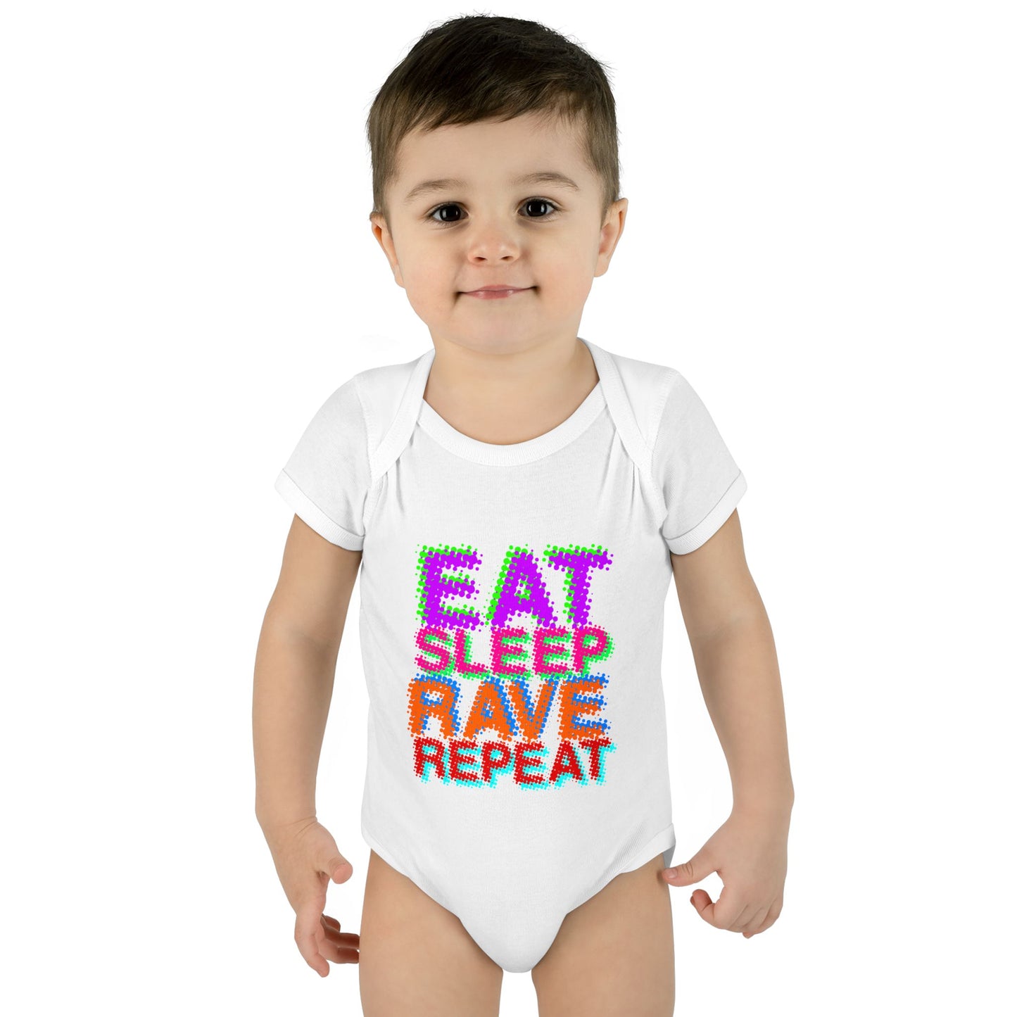 Eat Sleep Rave Repeat Color Infant Baby Romper Bodysuit by TOOLOUD