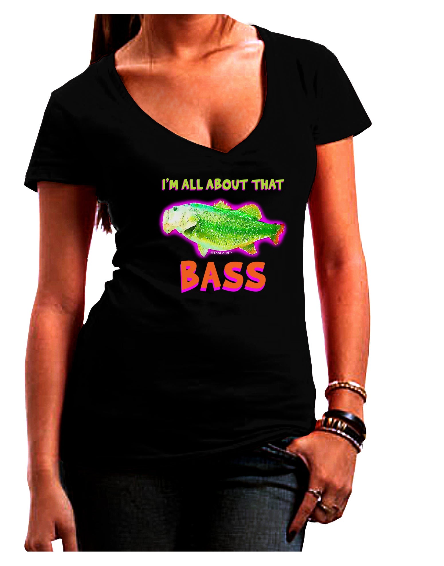 All About That Bass Fish Watercolor Juniors V-Neck Dark T-Shirt-Womens V-Neck T-Shirts-TooLoud-Black-Juniors Fitted Small-Davson Sales