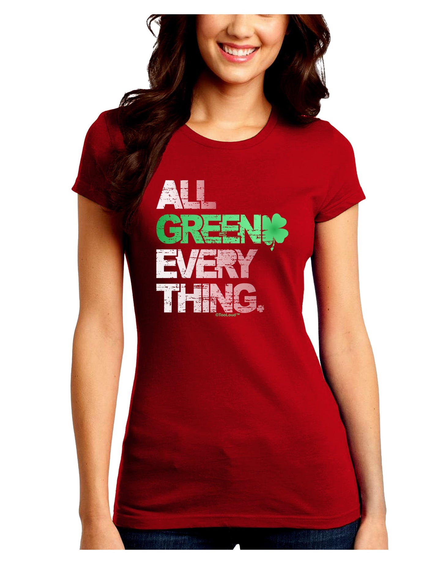 All Green Everything Distressed Juniors Petite Crew Dark T-Shirt-T-Shirts Juniors Tops-TooLoud-Red-Juniors Fitted Small-Davson Sales