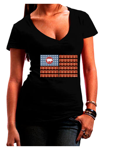 American Bacon Flag Juniors V-Neck Dark T-Shirt-Womens V-Neck T-Shirts-TooLoud-Black-Juniors Fitted Small-Davson Sales